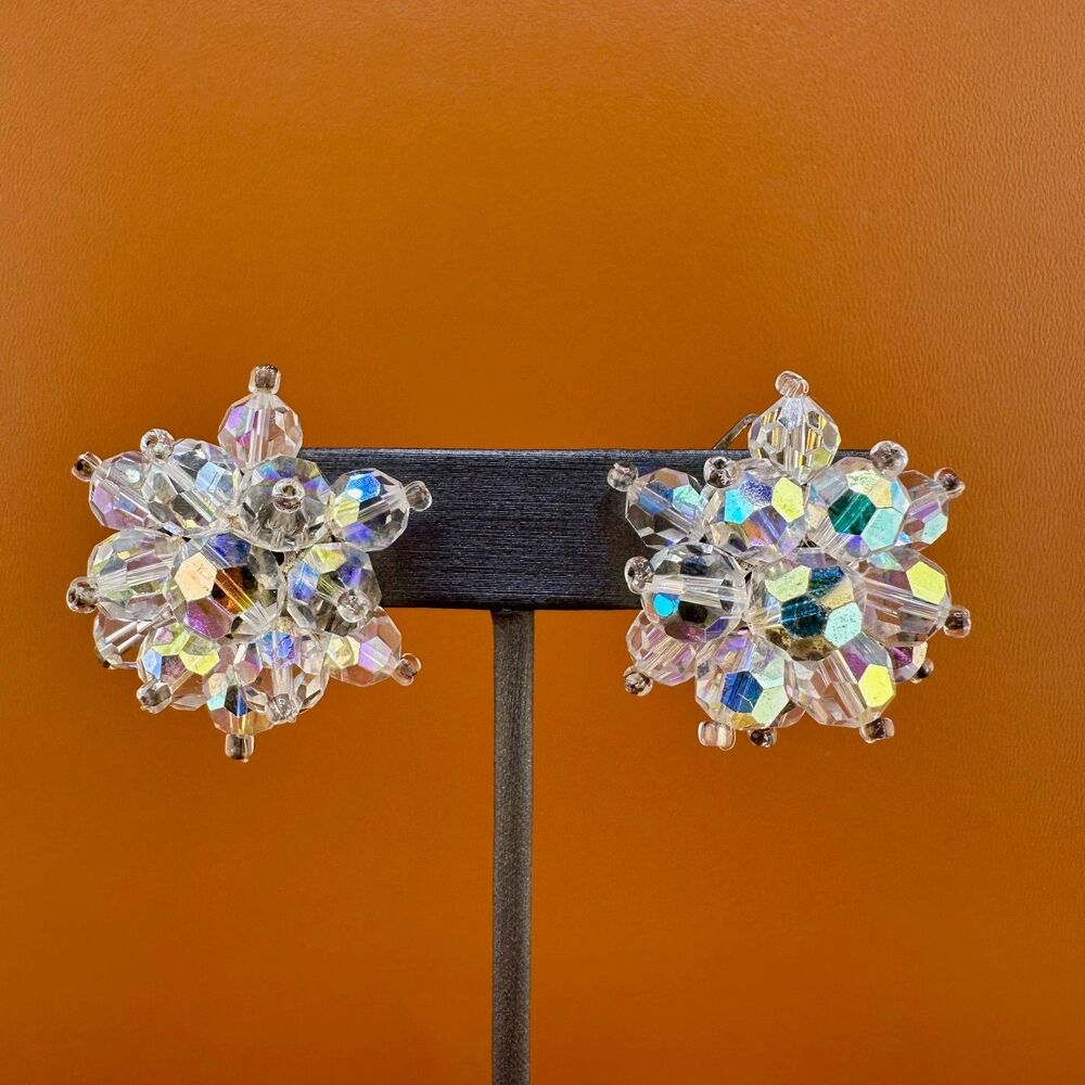 Vintage Mid Century AB Crystal Earrings Cluster Bead Flower Clip On Marked Italy